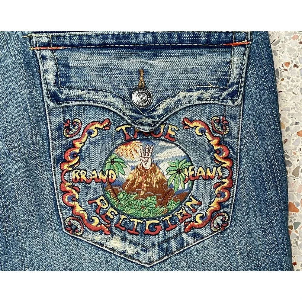 True Religion‎ Joey Vtg Rare Y2K Men's Embroidered Peace Sign Jeans Size 39x30